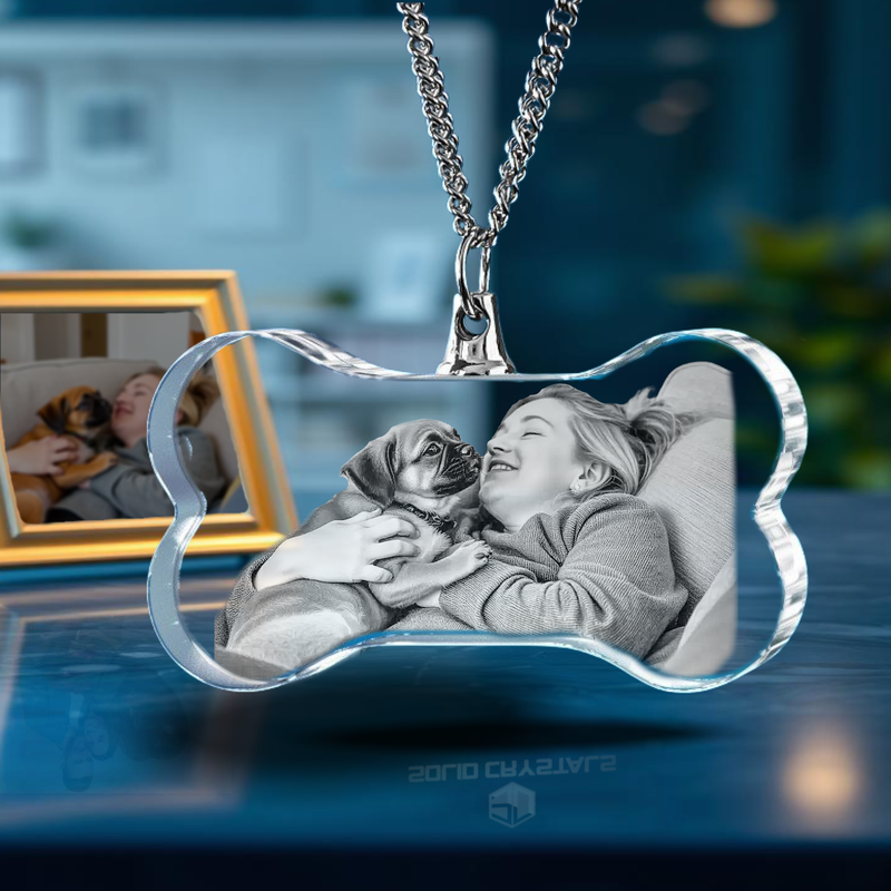 Dog bone Necklace, Crystal photo block with cat portrait – pet lover gift idea, Pet Idea Necklace