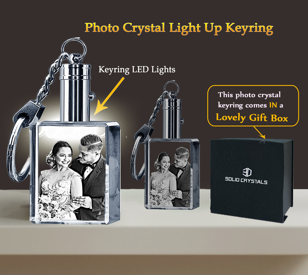 2D LED Personalised Keyring with White LED Lights - Solid Crystals | 3D Photo Crystal Shop | Laser engraved Glass Awards & Trophies